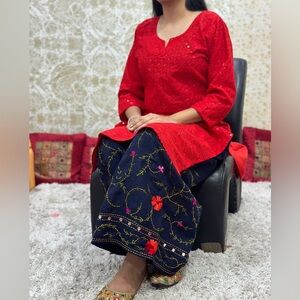 Red kurta with embroidered pants